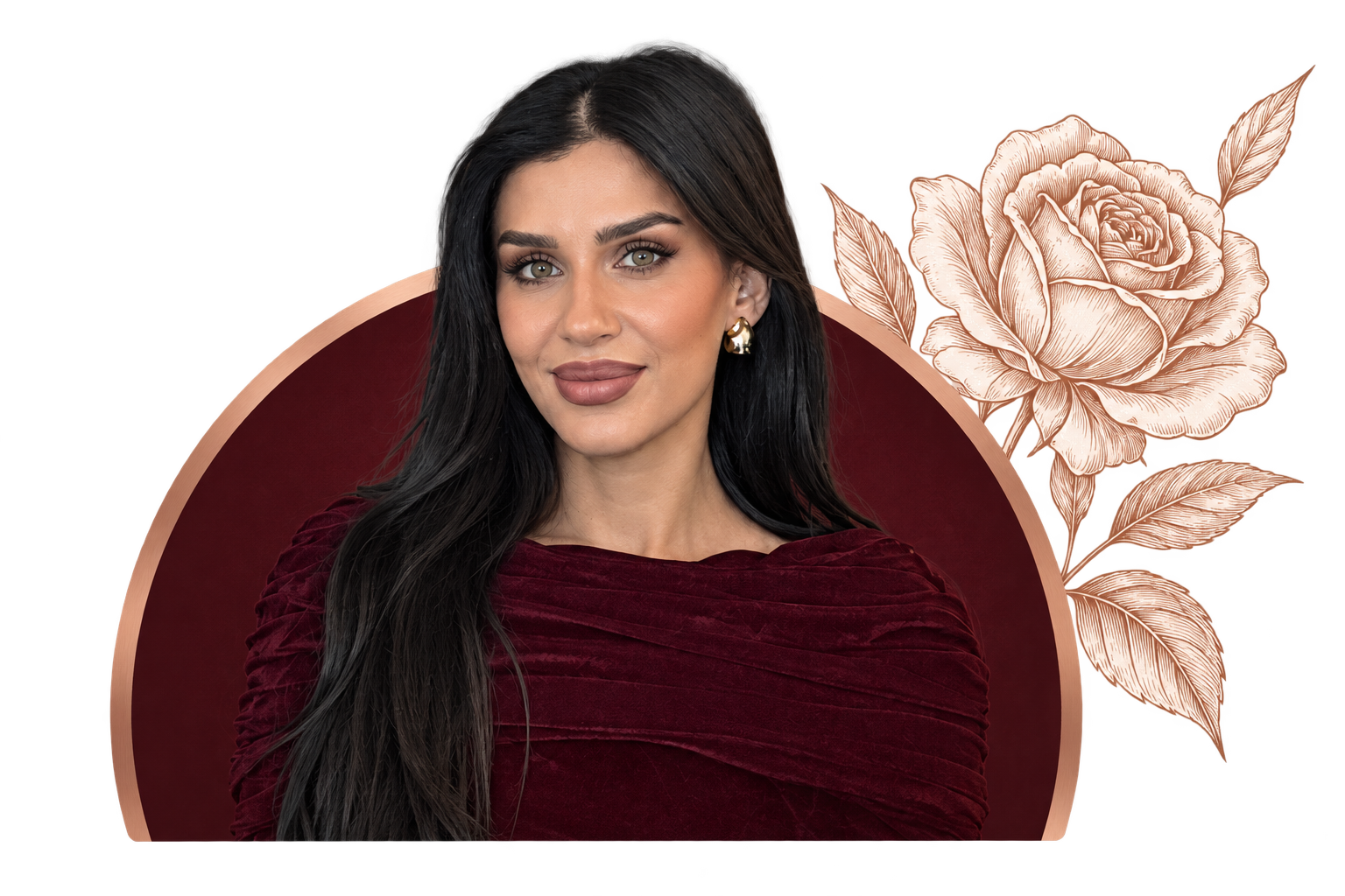 Mimi in burgundy, framed by a rose-gold arch and a delicate rose illustration